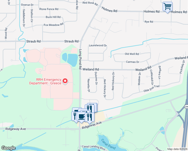 map of restaurants, bars, coffee shops, grocery stores, and more near 1315 Weiland Road in Rochester