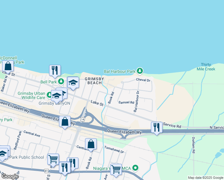 map of restaurants, bars, coffee shops, grocery stores, and more near 371 Book Road in Grimsby