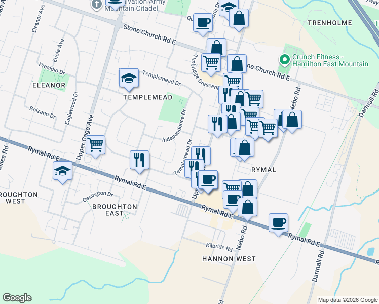 map of restaurants, bars, coffee shops, grocery stores, and more near 455 Templemead Drive in Hamilton