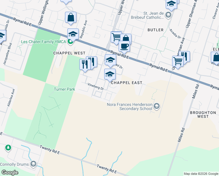 map of restaurants, bars, coffee shops, grocery stores, and more near 71 Jessica Street in Hamilton