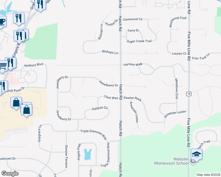map of restaurants, bars, coffee shops, grocery stores, and more near 3 Jewelberry Drive in Webster