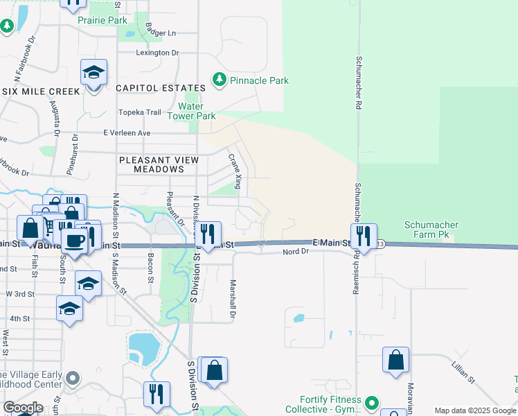map of restaurants, bars, coffee shops, grocery stores, and more near 5802 East Main Street in Waunakee