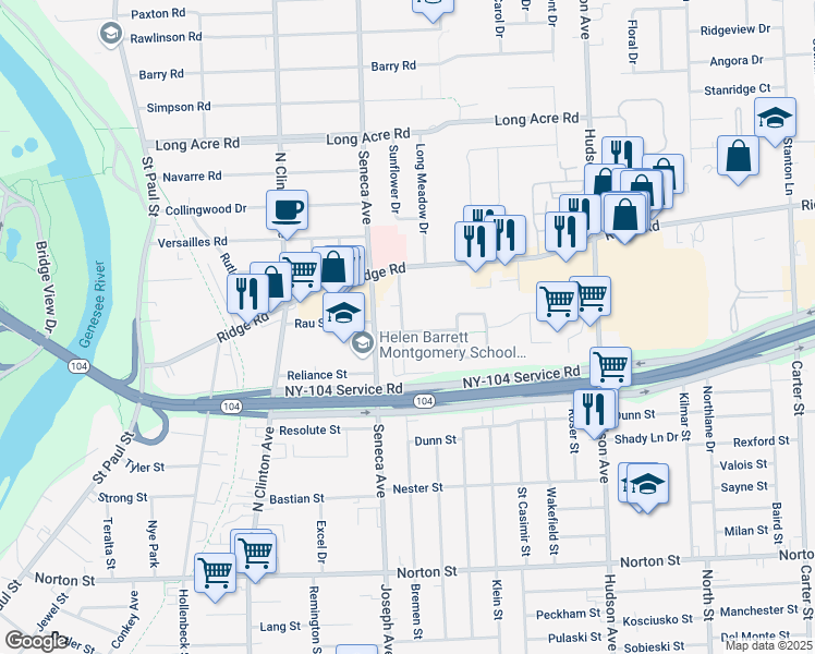 map of restaurants, bars, coffee shops, grocery stores, and more near 14-42 Seneca Manor Drive in Rochester