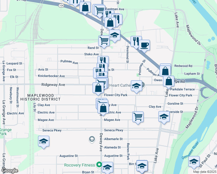 map of restaurants, bars, coffee shops, grocery stores, and more near in Rochester