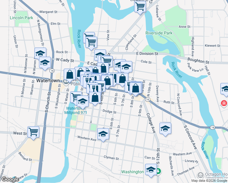 map of restaurants, bars, coffee shops, grocery stores, and more near 600 East Main Street in Watertown