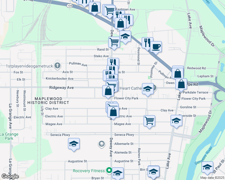 map of restaurants, bars, coffee shops, grocery stores, and more near 1464 Dewey Avenue in Rochester
