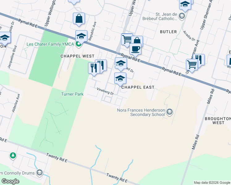 map of restaurants, bars, coffee shops, grocery stores, and more near 76 Jessica Street in Hamilton