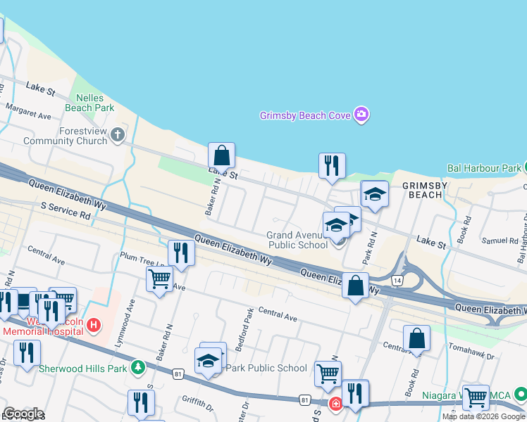 map of restaurants, bars, coffee shops, grocery stores, and more near 20 Woodeden Road in Grimsby