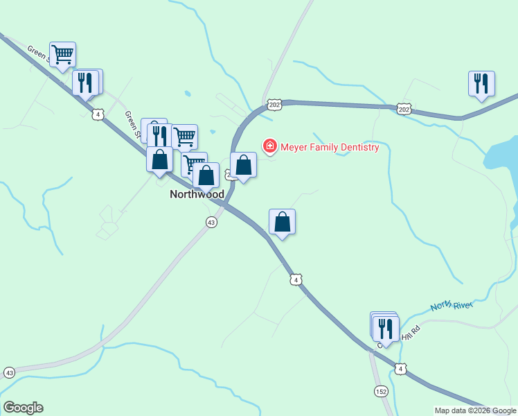 map of restaurants, bars, coffee shops, grocery stores, and more near 34 Bean Road in Northwood