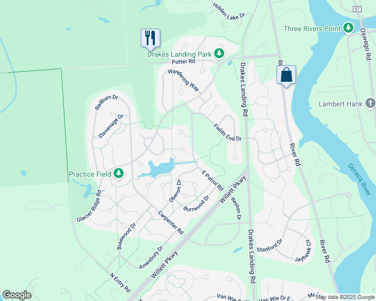 map of restaurants, bars, coffee shops, grocery stores, and more near 3149 Timberlea Lane in Baldwinsville
