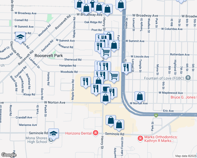 map of restaurants, bars, coffee shops, grocery stores, and more near 3251 Henry Street in Muskegon