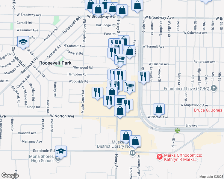 map of restaurants, bars, coffee shops, grocery stores, and more near 3251 Henry Street in Muskegon