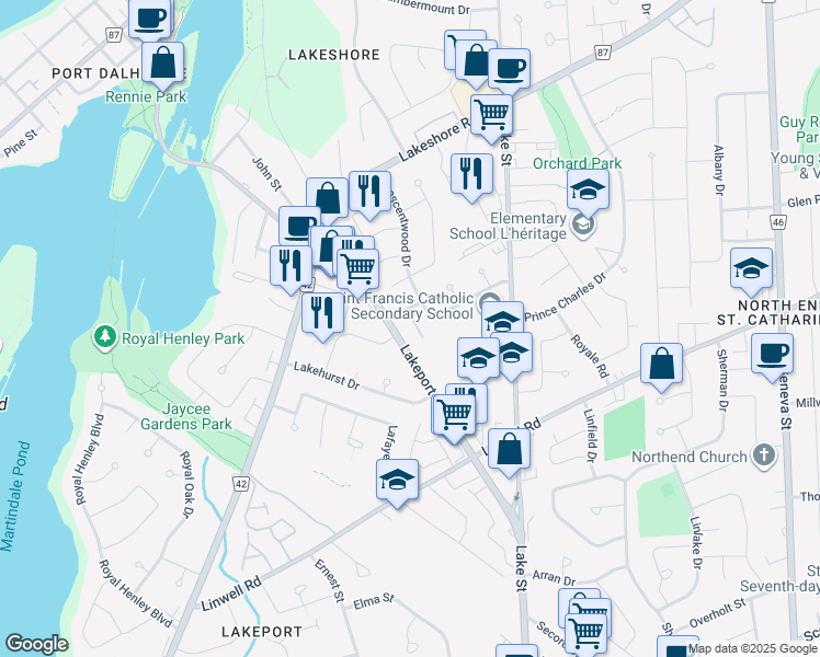 map of restaurants, bars, coffee shops, grocery stores, and more near 6 Westlake Lane in St. Catharines