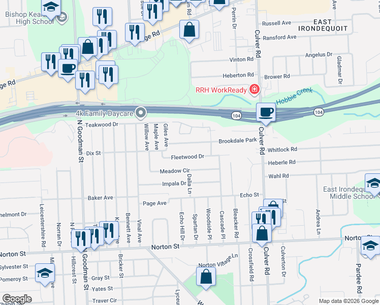 map of restaurants, bars, coffee shops, grocery stores, and more near 43 Brookdale Park in Irondequoit