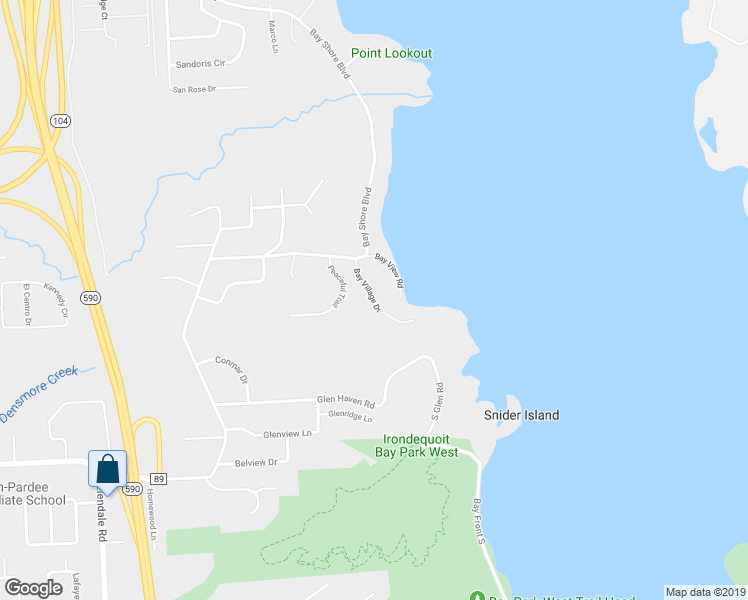 map of restaurants, bars, coffee shops, grocery stores, and more near 405 Bay Village Drive in Irondequoit