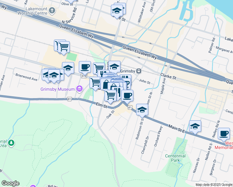 map of restaurants, bars, coffee shops, grocery stores, and more near 22 Main Street West in Grimsby