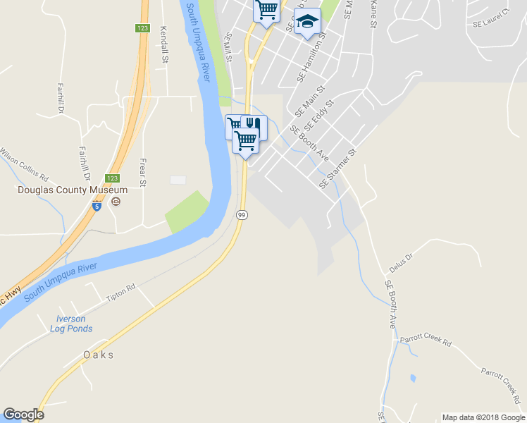 map of restaurants, bars, coffee shops, grocery stores, and more near OLD Old Highway 99 South in Roseburg