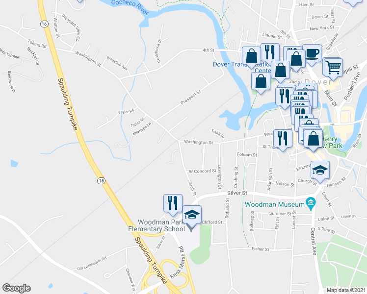 map of restaurants, bars, coffee shops, grocery stores, and more near 49 Arch Street in Dover