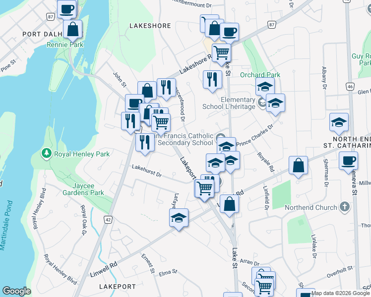 map of restaurants, bars, coffee shops, grocery stores, and more near 6 Westlake Lane in St. Catharines