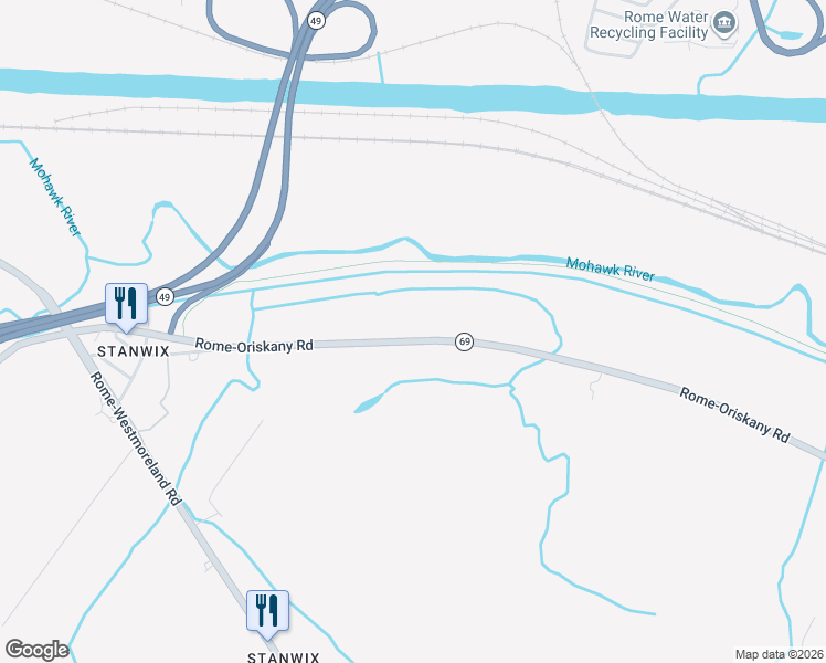 map of restaurants, bars, coffee shops, grocery stores, and more near 7011 Rome-Oriskany Road in Rome