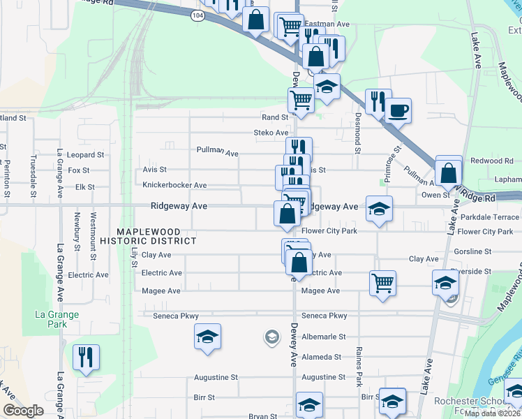 map of restaurants, bars, coffee shops, grocery stores, and more near 440 Ridgeway Avenue in Rochester