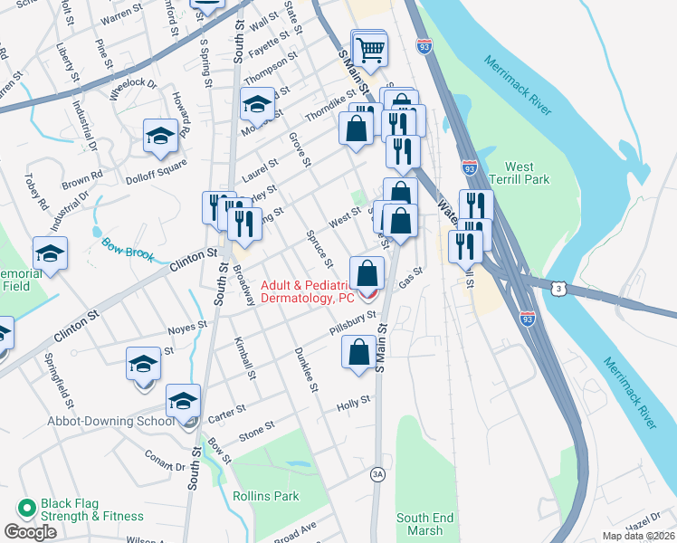 map of restaurants, bars, coffee shops, grocery stores, and more near 33 Spruce Street in Concord