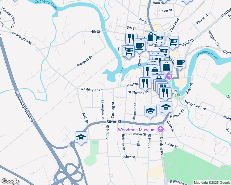 map of restaurants, bars, coffee shops, grocery stores, and more near 219 Washington Street in Dover