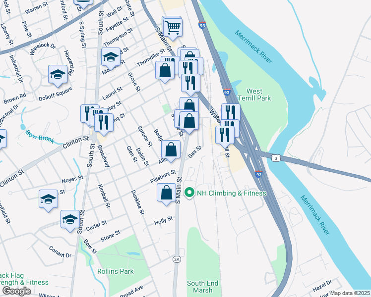 map of restaurants, bars, coffee shops, grocery stores, and more near 114 South State Street in Concord