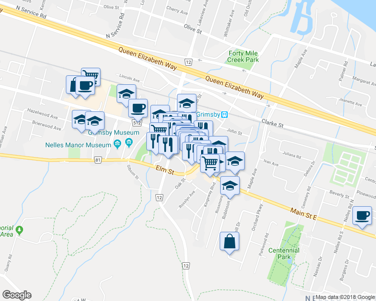 map of restaurants, bars, coffee shops, grocery stores, and more near 26 Main Street West in Grimsby