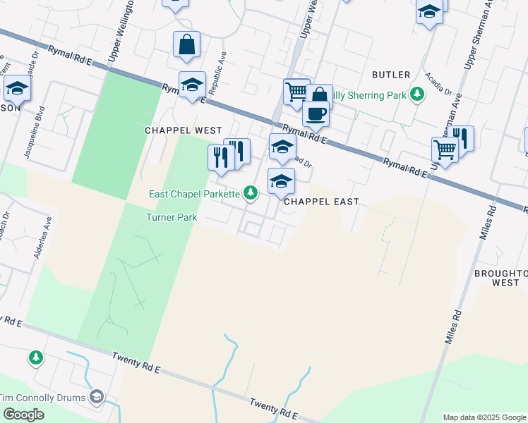 map of restaurants, bars, coffee shops, grocery stores, and more near 76 Jessica Street in Hamilton