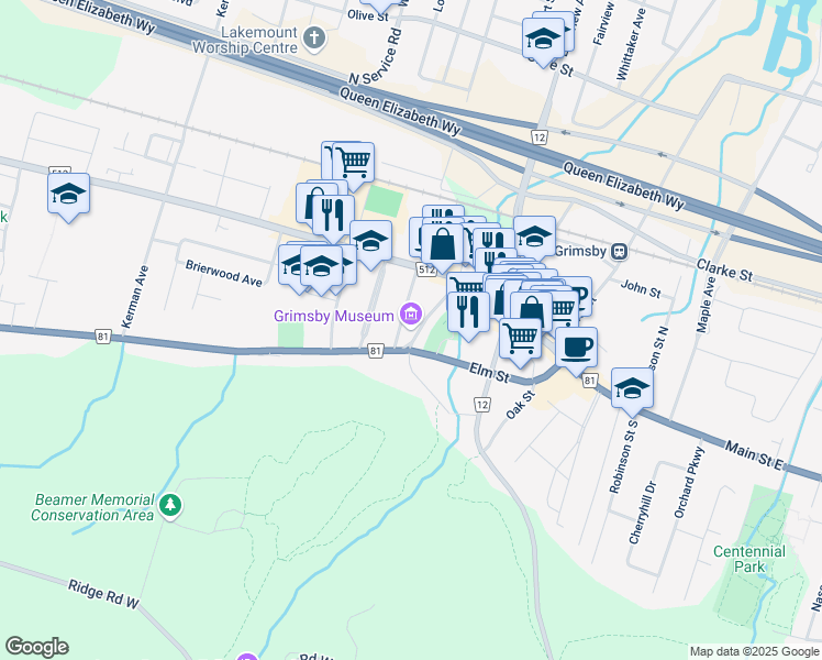 map of restaurants, bars, coffee shops, grocery stores, and more near 6 Murray Street in Grimsby