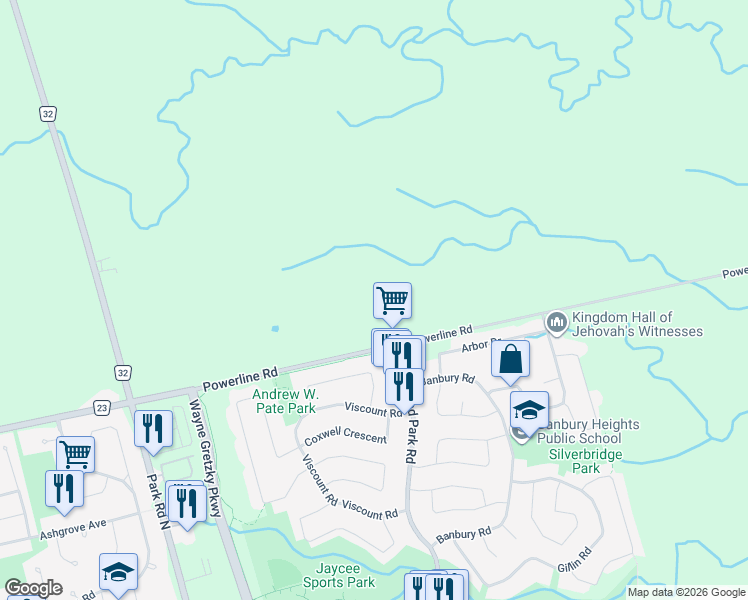 map of restaurants, bars, coffee shops, grocery stores, and more near 251 Powerline Road in Brantford