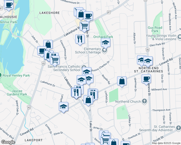 map of restaurants, bars, coffee shops, grocery stores, and more near 564 Lake Street in St. Catharines