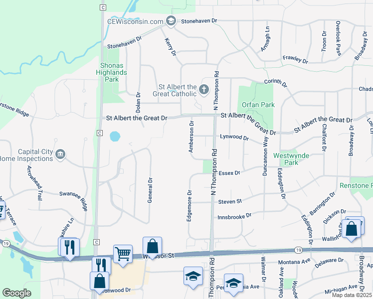 map of restaurants, bars, coffee shops, grocery stores, and more near 1003 Amberson Drive in Sun Prairie