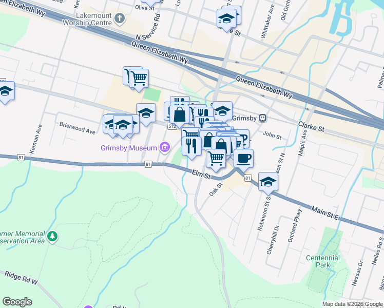 map of restaurants, bars, coffee shops, grocery stores, and more near 63 Main Street West in Grimsby