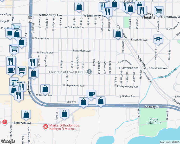 map of restaurants, bars, coffee shops, grocery stores, and more near 3229 6th Street in Muskegon Heights