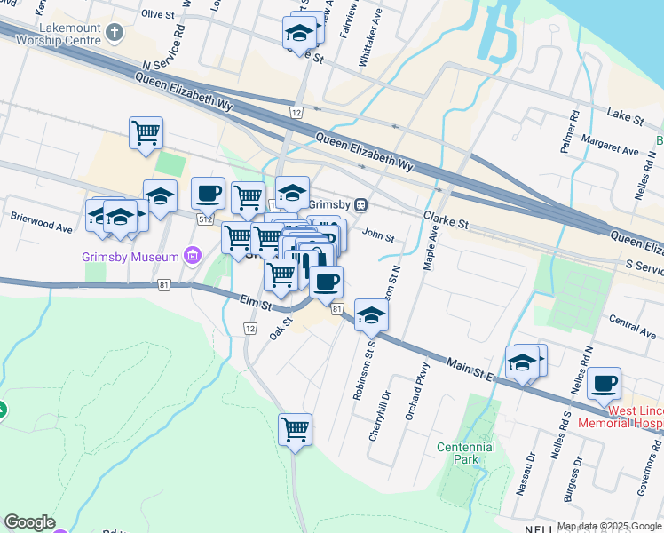 map of restaurants, bars, coffee shops, grocery stores, and more near in Grimsby