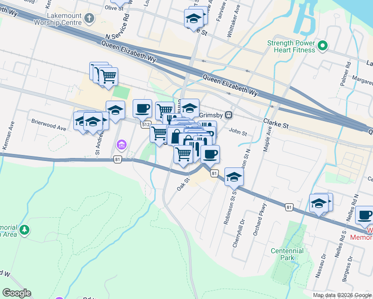 map of restaurants, bars, coffee shops, grocery stores, and more near 35 Main Street West in Grimsby