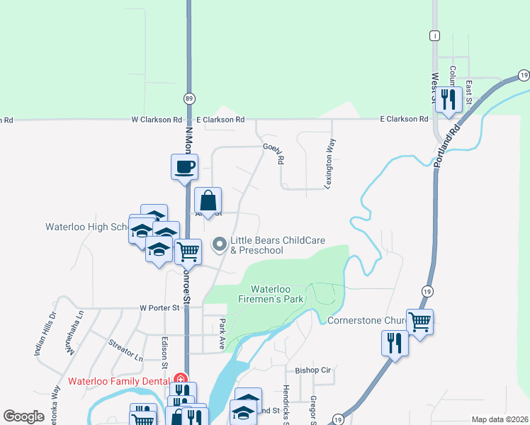 map of restaurants, bars, coffee shops, grocery stores, and more near 401 Anna Street in Waterloo