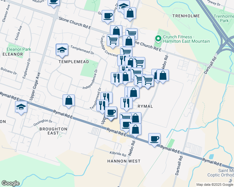 map of restaurants, bars, coffee shops, grocery stores, and more near 1521 Upper Ottawa Street in Hamilton