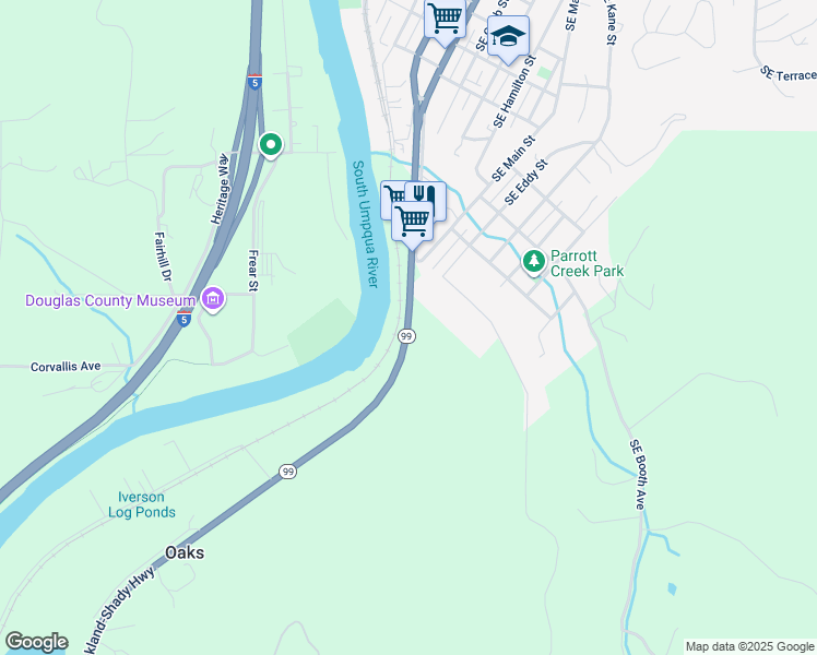 map of restaurants, bars, coffee shops, grocery stores, and more near OLD Old Highway 99 South in Roseburg