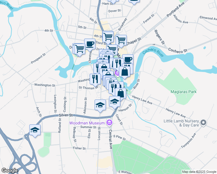 map of restaurants, bars, coffee shops, grocery stores, and more near 300 Central Avenue in Dover