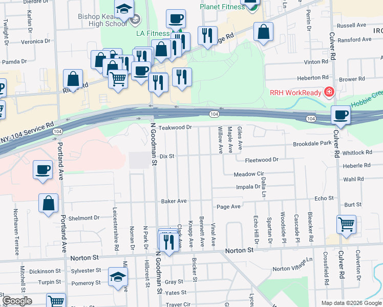 map of restaurants, bars, coffee shops, grocery stores, and more near 301 Knapp Avenue in Irondequoit