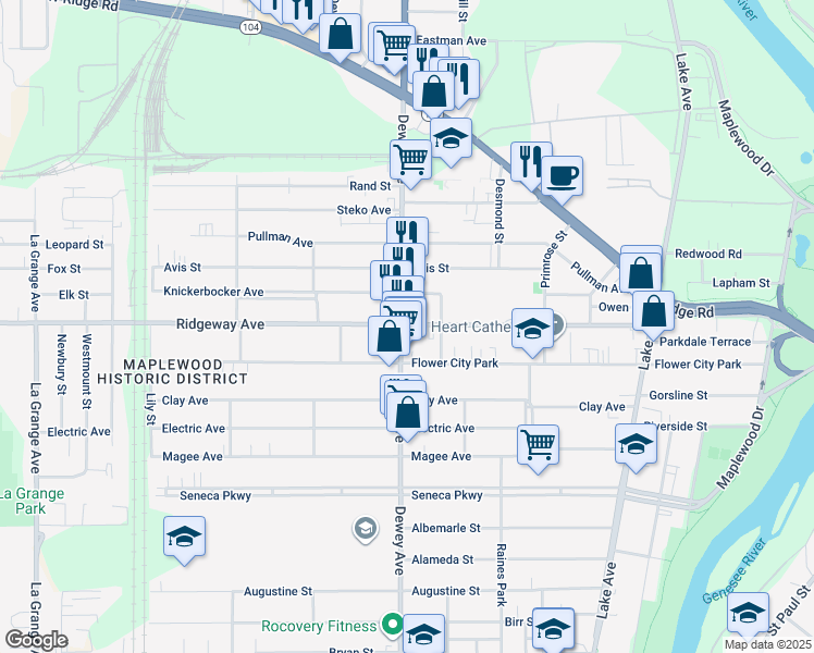 map of restaurants, bars, coffee shops, grocery stores, and more near in Rochester