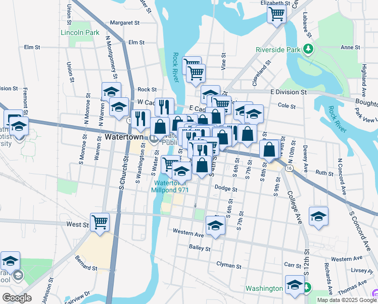 map of restaurants, bars, coffee shops, grocery stores, and more near 115 East Main Street in Watertown