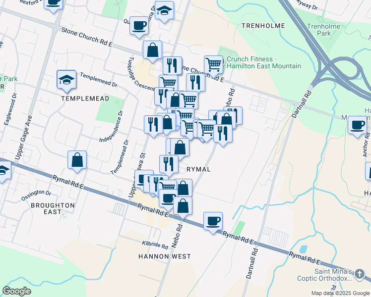 map of restaurants, bars, coffee shops, grocery stores, and more near 45 Lancing Drive in Hamilton