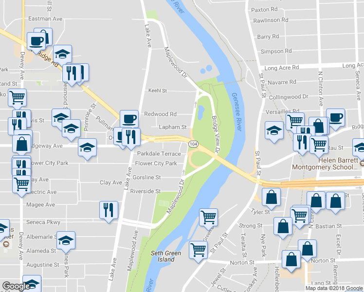 map of restaurants, bars, coffee shops, grocery stores, and more near 1 West Ridge Road in Rochester