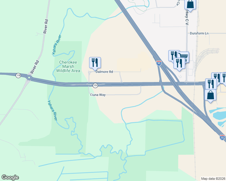 map of restaurants, bars, coffee shops, grocery stores, and more near 4633 Liuna Way in DeForest