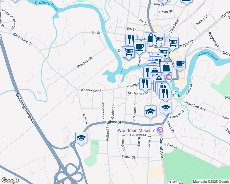 map of restaurants, bars, coffee shops, grocery stores, and more near 219 Washington Street in Dover