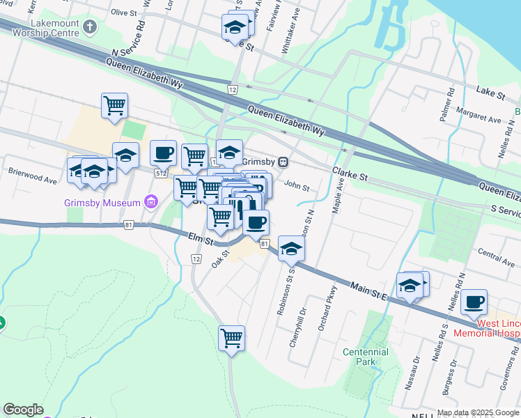 map of restaurants, bars, coffee shops, grocery stores, and more near in Grimsby